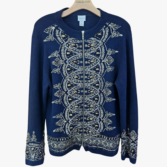Chico’s Demitria Cardigan Women L Navy Gold Embroidered Byzantine Beaded Zip‎ Up - Picture 1 of 11